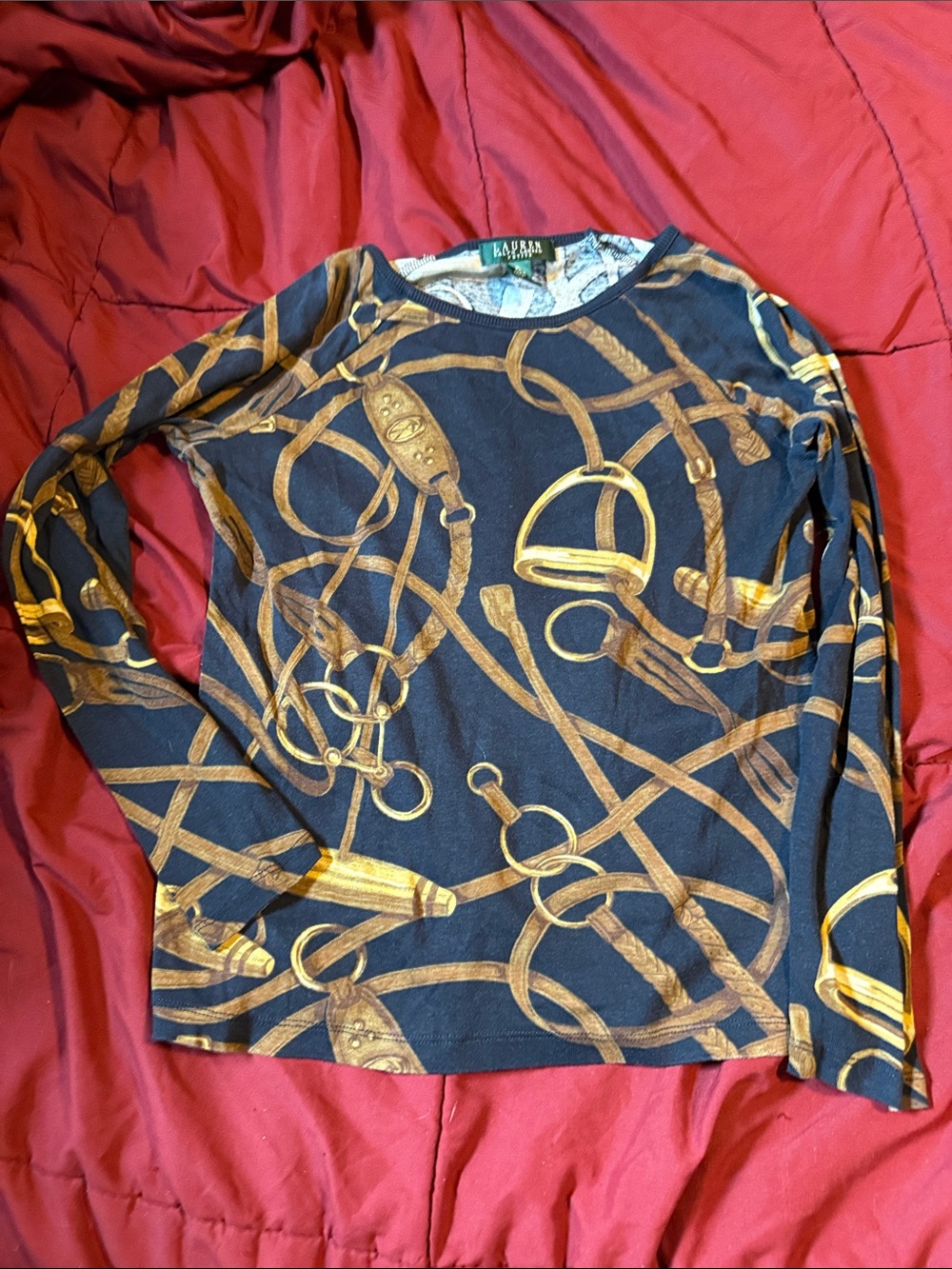Ralph Lauren Navy and Gold Equestrian-Print Long Sleeve Top